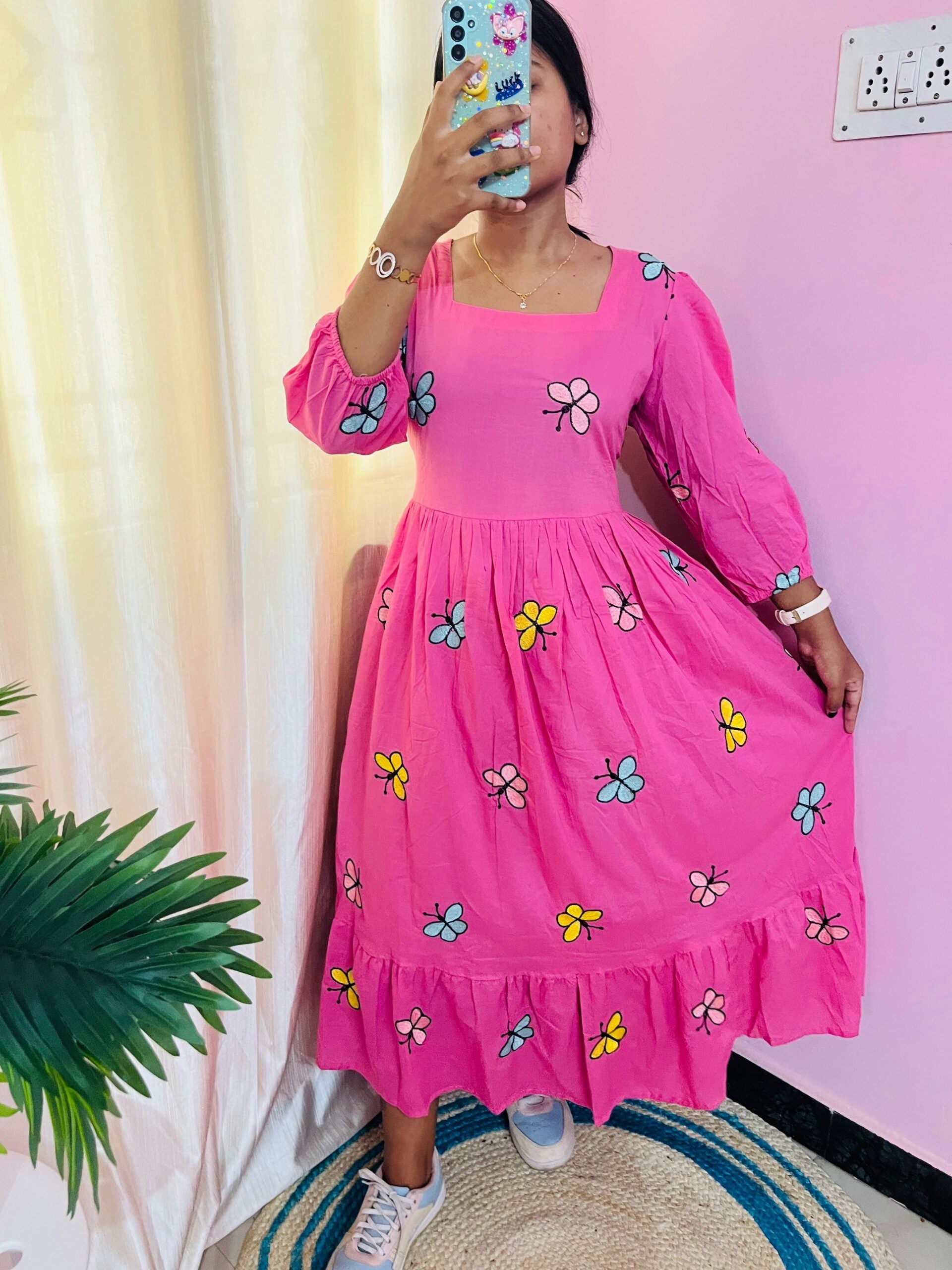 Pink butterfly cotton dress