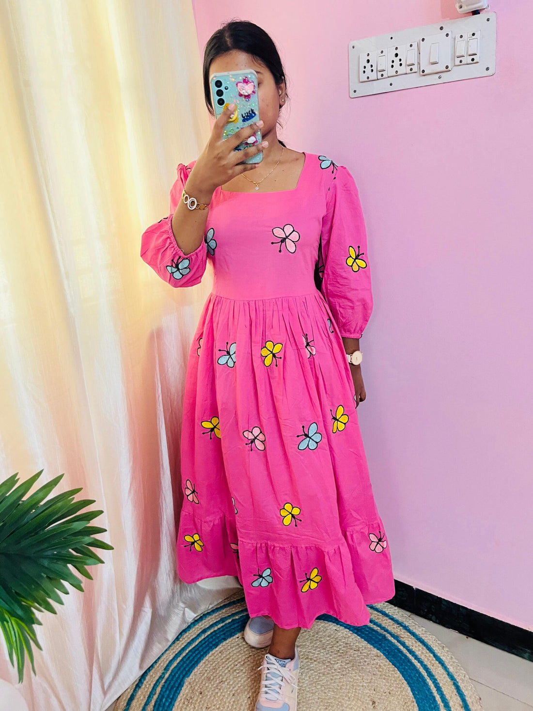 Pink butterfly cotton dress