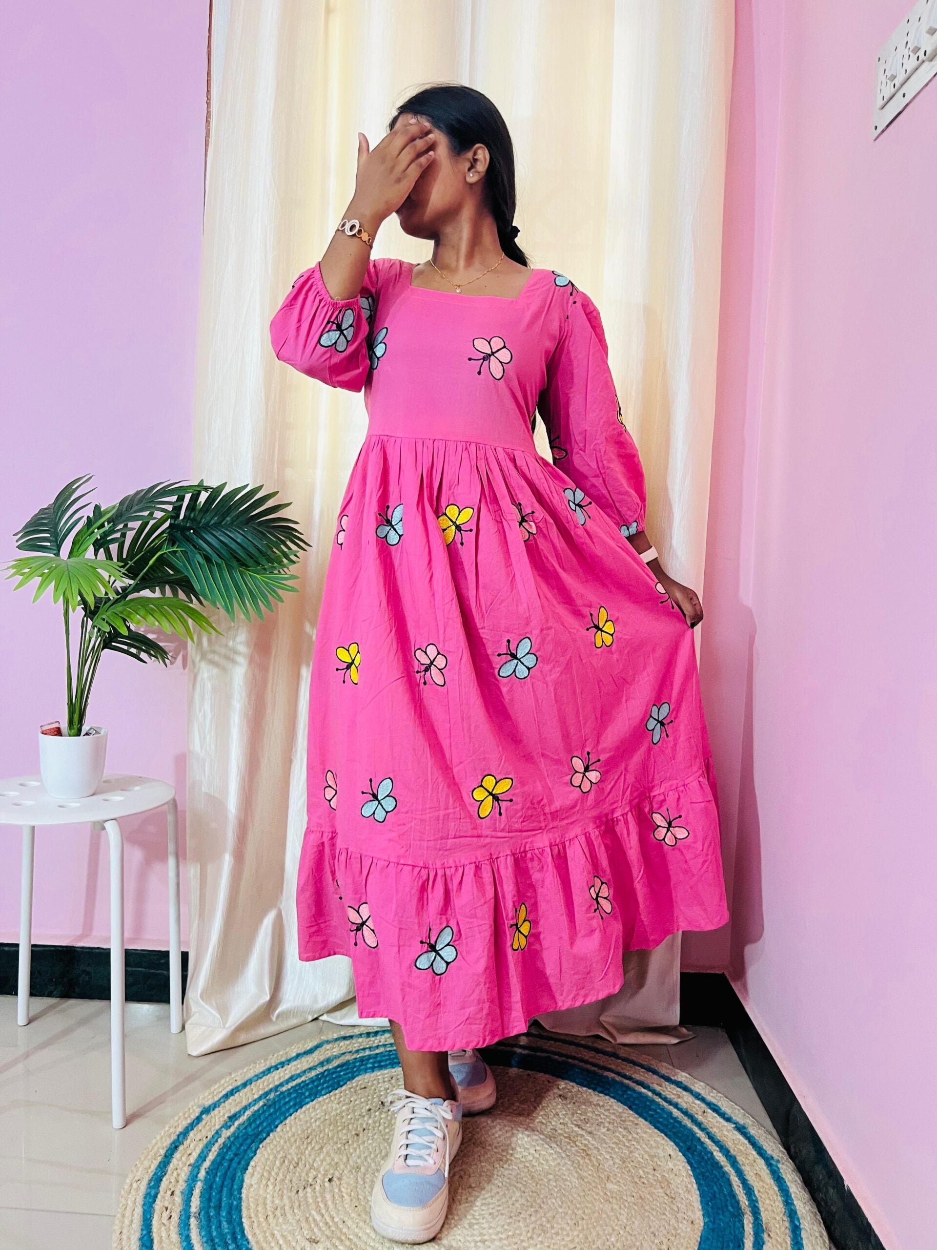 Pink butterfly cotton dress